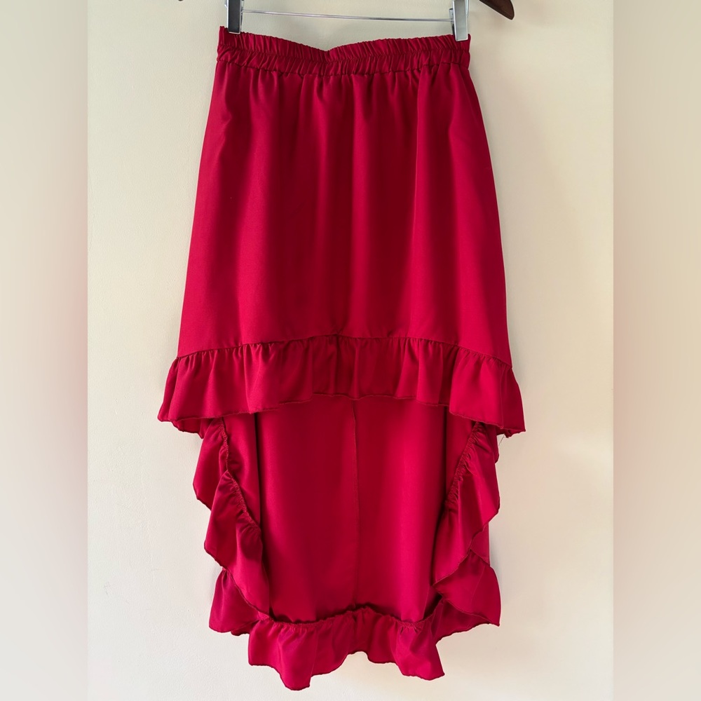 Lyaner - Red Hi-Lo Skirt with ruffled Edges - M